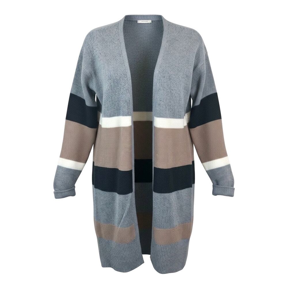 NWT Simply Styled Gray Tan Black Stripe Long Cardigan Open Front V Neckline